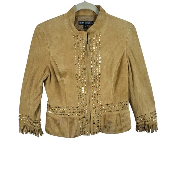 Lafayette 148 Suede Leather Studded Beaded Sequin Fringe Full Zip Jacket Size 6 - Picture 1 of 12